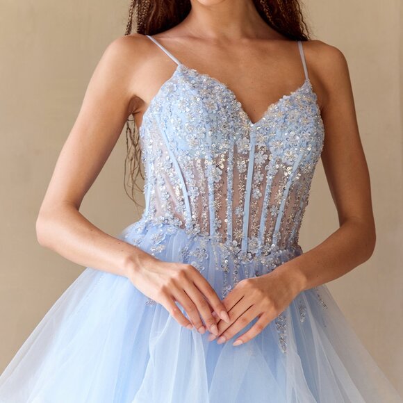 NEW FORMAL FLORAL EMBELLISHED BALL GOWN W/ V-NECKLINE & SHEER BODICE AC 5068 - Picture 4 of 11